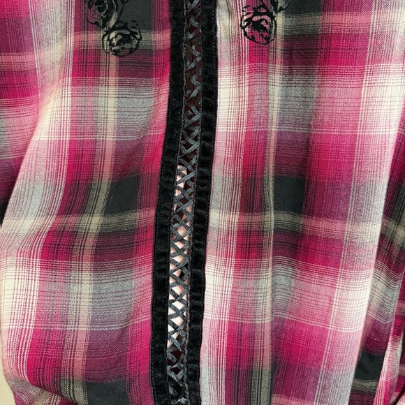 Harley-Davidson Women's Size M Hearts & Serpents Laced Purple Plaid Button Shirt - Picture 6 of 11